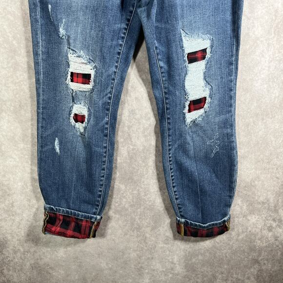 Judy Blue Jeans Womens 14W Blue Skinny Fit Distressed Plaid Patch Cuffed Red - Picture 3 of 15